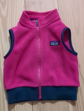 Patagonia Hot Pink Fleece Vest with Navy Trim 6-12 Mo